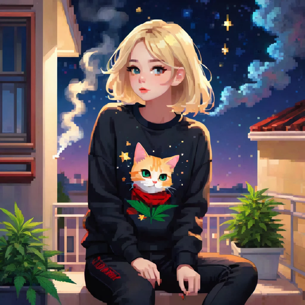 a girl, Caucasian skin, hair blonde, shorth hair, black sweatshirt, black pants, {whole body} smoking pot, blowing smoke, Eyes red: because of marijuana, sitting on the balcony, starry sky, cat on the side.