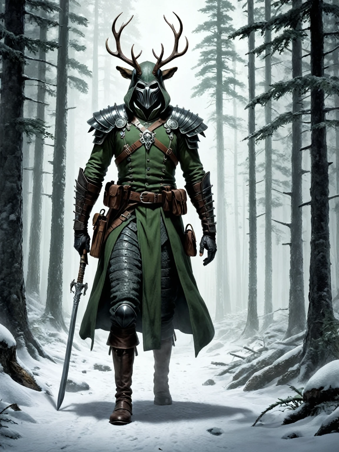 In best quality: The period: mid-18th century. The setting is boreal forests, at the end of a cold and harsh winter. A mercenary specializing in weapons and forest creatures, after a boring lull, his mission is to search for and end a supposed specter called Ankron, who has been tormenting the village, stealing souls to continue living eternally.