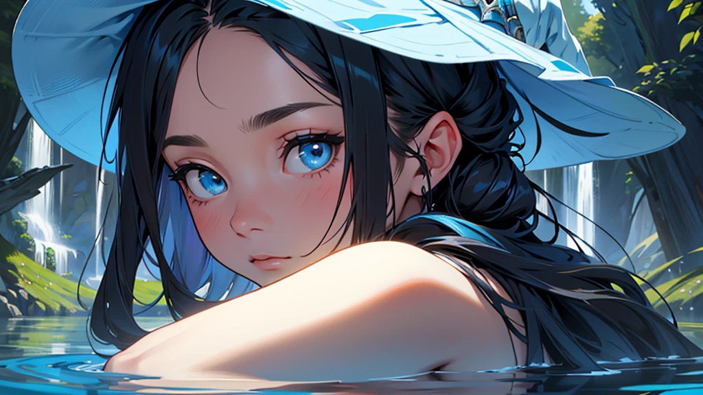 full image, the lady of the lake, human woman, sharp blue eyes, round face, small slightly upturned nose, shy expression, long blue-black hair, small blue wizard hat pinned to her hair off to one side