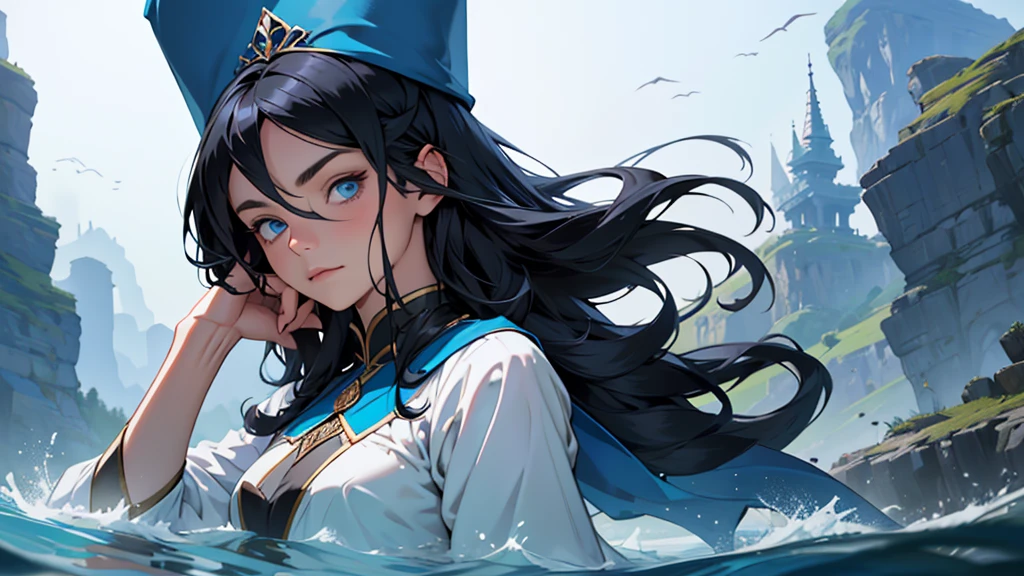 full image, the lady of the lake, human woman, sharp blue eyes, round face, small slightly upturned nose, shy expression, long blue-black hair, small blue wizard hat pinned to her hair off to one side