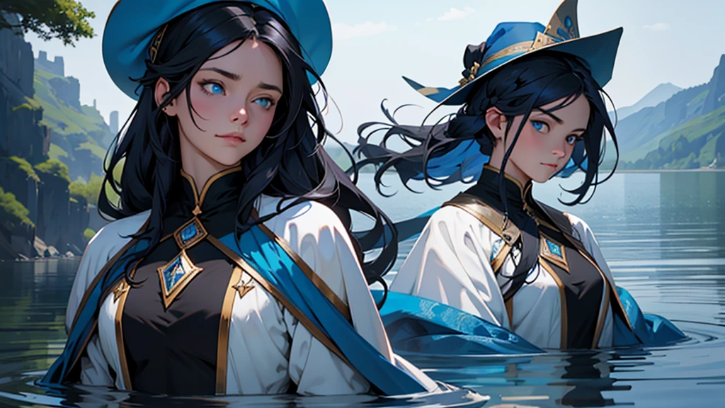 full image, the lady of the lake, human woman, sharp blue eyes, round face, small slightly upturned nose, shy expression, long blue-black hair, small blue wizard hat pinned to her hair off to one side