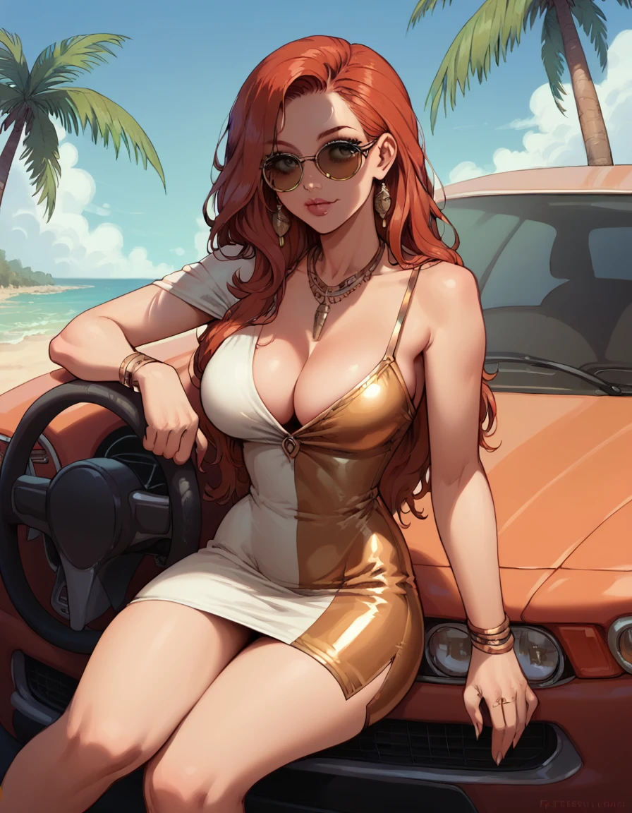 (1 girl, solo, (sexy sit in a car's hood) ), (girl is (redhead long hair), perfect body, detailed olive eyes, sunglasses, (one shoulder gold mini dress, cleavage)), (background palm, tropical weather)