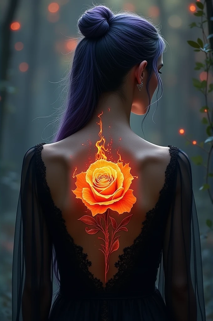 Arafed, Dark fantasy art, fantasy art, goth art, a picture of a tattoo on the back of a female elf, a glowing tattoo of a ((white rose: 1.3)) on the elf's back, the ((rose tattoo)) is vivid, intricate detailed coming to life from the ink to real life, ((fire surrounds the rose petals: 1.5)), shoot taken from the back, ((the back is visible: 1.3), she wears a transparent black dress, the dress is elegant, flowing, elven style, that the tattoos glow, dynamic hair color, dynamic hair style, faize,, Digital Painting