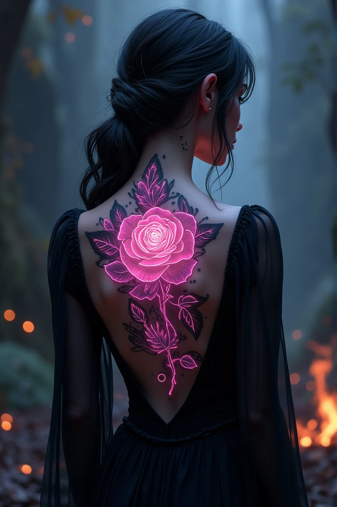 Arafed, Dark fantasy art, fantasy art, goth art, a picture of a tattoo on the back of a female elf, a glowing tattoo of a ((white rose: 1.3)) on the elf's back, the ((rose tattoo)) is vivid, intricate detailed coming to life from the ink to real life, ((fire surrounds the rose petals: 1.5)), shoot taken from the back, ((the back is visible: 1.3), she wears a transparent black dress, the dress is elegant, flowing, elven style, that the tattoos glow, dynamic hair color, dynamic hair style, faize,, Digital Painting