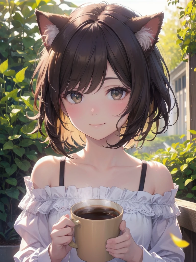detailed、(Real、Photorealistic、Photorealistic:1.37)、oil、Portraiture、colorful、pastel colour、Soft lighting、garden、、Captivating smile、Pure and innocent、Golden Hour、Slightly blurred background、Bright colors、Happy expression、Brown Hair、Bob Hair、Natural lighting、Floating Petals、Dreamy atmosphere、Delicate features、Fluffy cat ears、Drinking coffee、Shy laugh、Off the shoulder