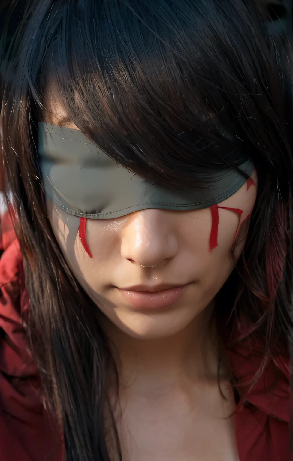 a woman with red blindfold