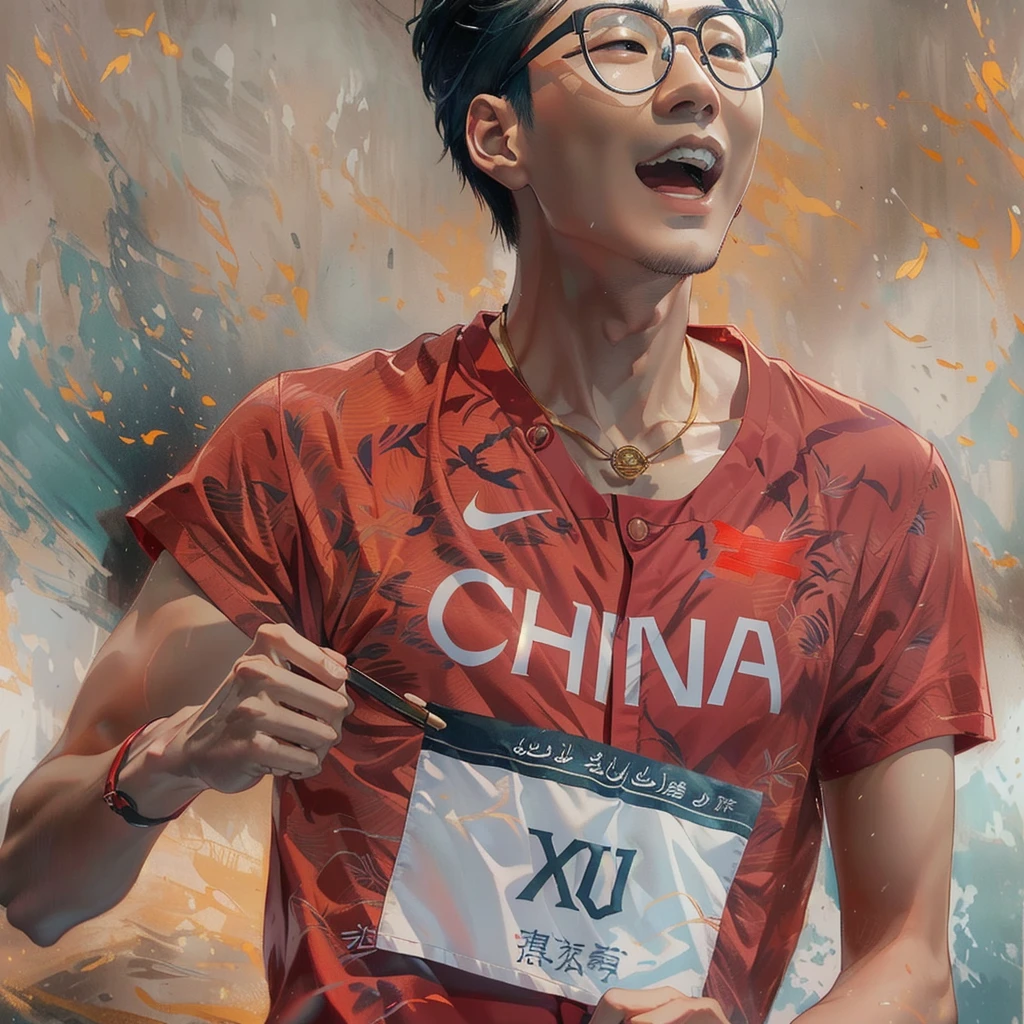 Asian man in red sports short-sleeved shirt and glasses running in Alafud, cai xukun, Inspired by Zou Yigui, Xue Han, Inspired by Ma Yuanyu, lu ji, su fu, wu liu, Yang Qi, sha xi, yuxiang chen, xiaoguang sun, li zixin, xision wu, Inspired by Zhang Shumin