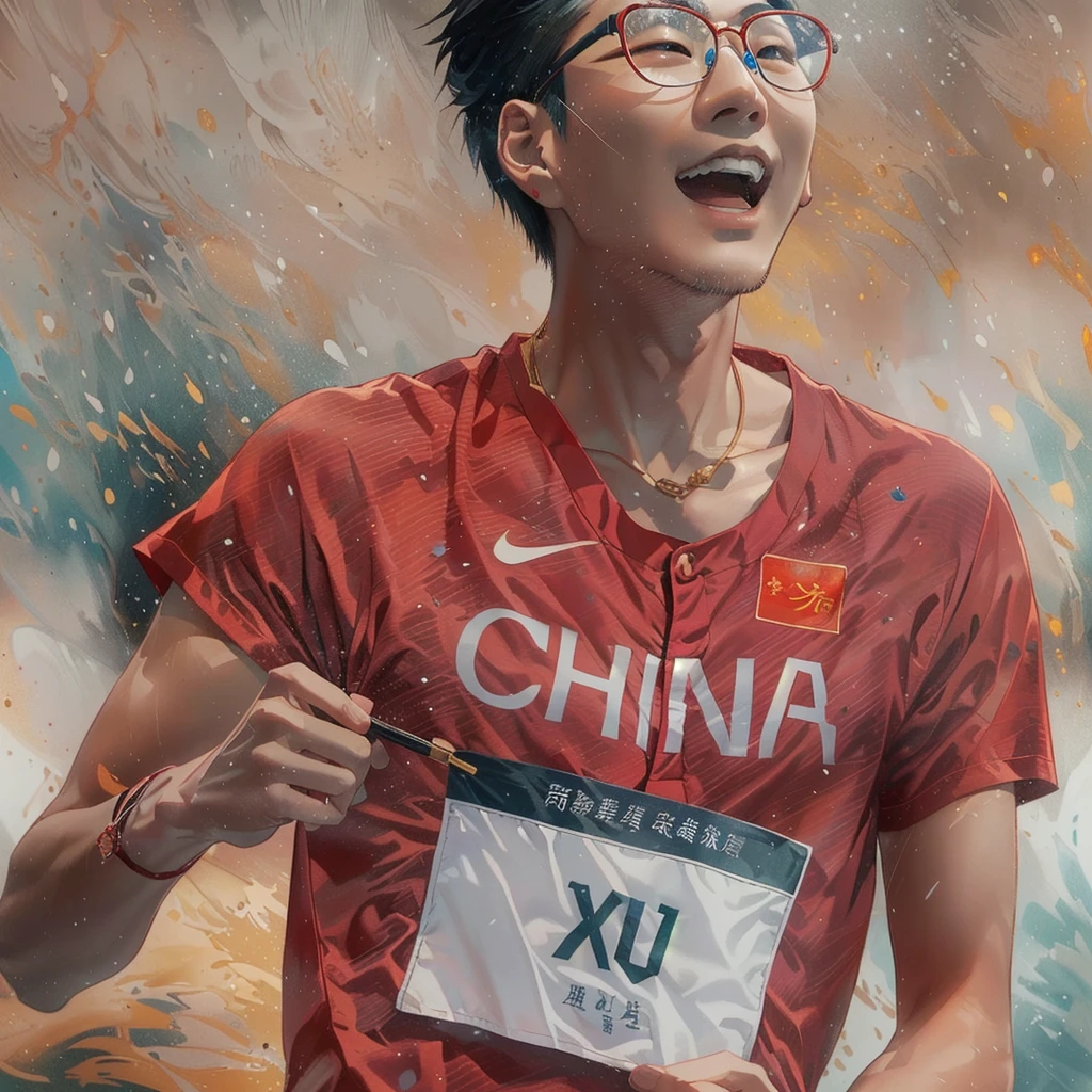 Asian man in red sports short-sleeved shirt and glasses running in Alafud, cai xukun, Inspired by Zou Yigui, Xue Han, Inspired by Ma Yuanyu, lu ji, su fu, wu liu, Yang Qi, sha xi, yuxiang chen, xiaoguang sun, li zixin, xision wu, Inspired by Zhang Shumin