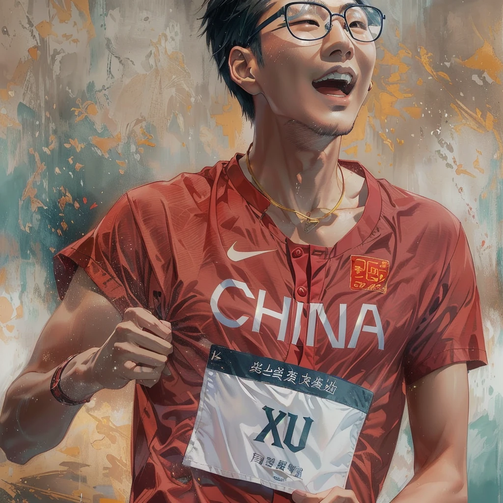 Asian man in red sports short-sleeved shirt and glasses running in Alafud, cai xukun, Inspired by Zou Yigui, Xue Han, Inspired by Ma Yuanyu, lu ji, su fu, wu liu, Yang Qi, sha xi, yuxiang chen, xiaoguang sun, li zixin, xision wu, Inspired by Zhang Shumin