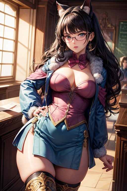 Masterpiece, Beautiful art, professional artist, 8k, art style by sciamano240, Very detailed face, detailed hair, Detailed clothing, detailed fabric, 1 girl, perfectly drawn body, beautiful face, wide, light blue fur , highly detailed blue cat eyes, wearing teacher clothes, thigh high boots, tube skirt, glasses, looking angrily over glasses, sensual lips , pink cheeks, school environment, detailed background, board , show details in the eyes, close up view, looking at the viewer, angry expression, ceñudo, holding the ruler,