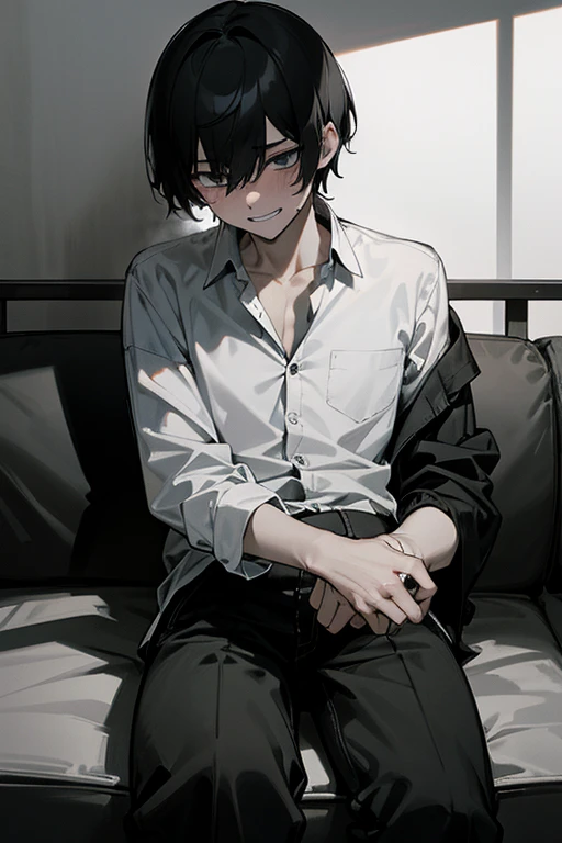 male、male性、Short Hair、Black Hair、adult、大柄のmale、university student、adultのmale、大きなmale、Clumsy Hands、sex appeal、Erotic、Exposed bare skin、male性器の露出、Masturbation、Sexualな快楽、Sweat、Sexual、Estrus、Sexual興奮、lure、dark、Gloomy、Dark personality、suspicious、Grin、Nihilist look、Shadow、Open the buttons on your shirt、Unzipping pants、Unbuttoned、Sleep on the sofa、Colors of the Night、Dark Room、Dark Background、濃いShadow、High Contrast、Low saturation