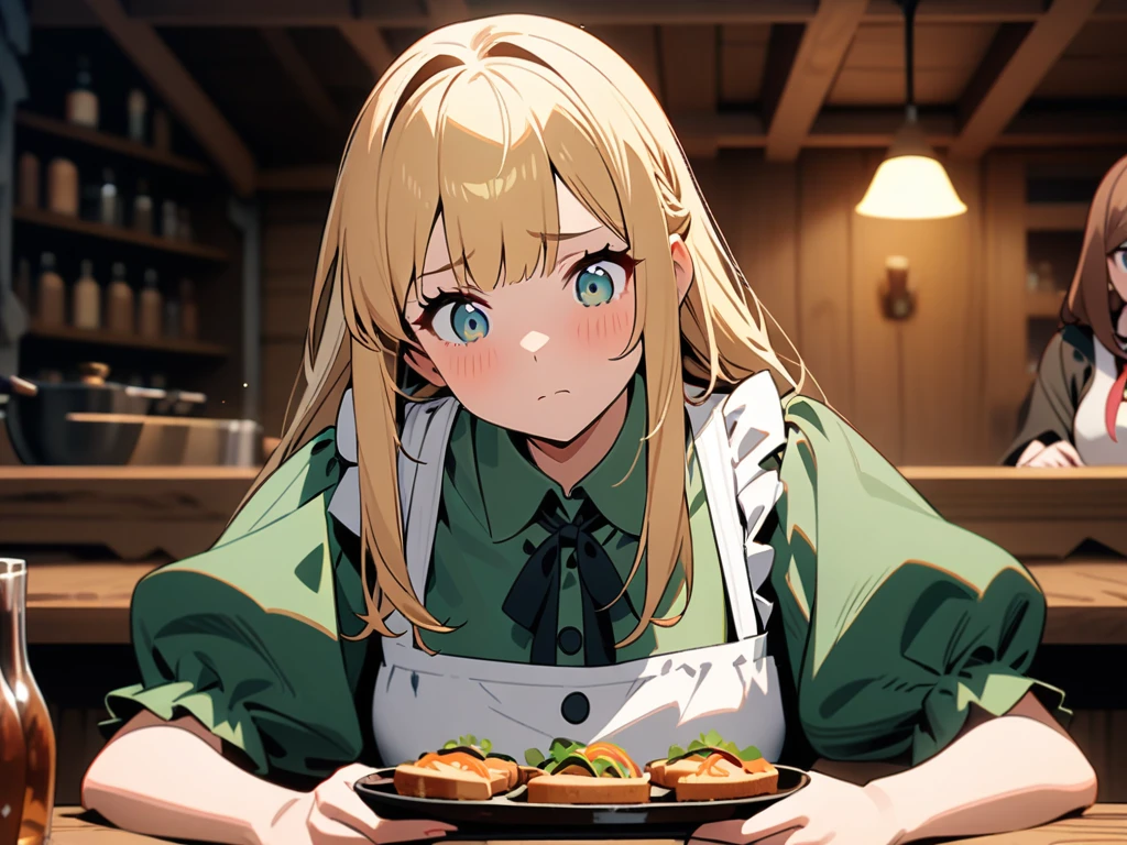 
Best Quality, High Details, Accurate, 
female, 2 girls, both look different. Girl 1: cute, beautiful, blonde hair, long, straight hair, bangs, green emerald eyes, sitting down, busy tavern, inside tavern, wearing long green mage robe, talking to girl 2, fully visible in frame. Girl 2: cute anime girl with brown hair, tied back, wearing a medieval fantasy waitress outfit, standing close to the table, facing girl 1, concerned look on her face, holding a tray.
