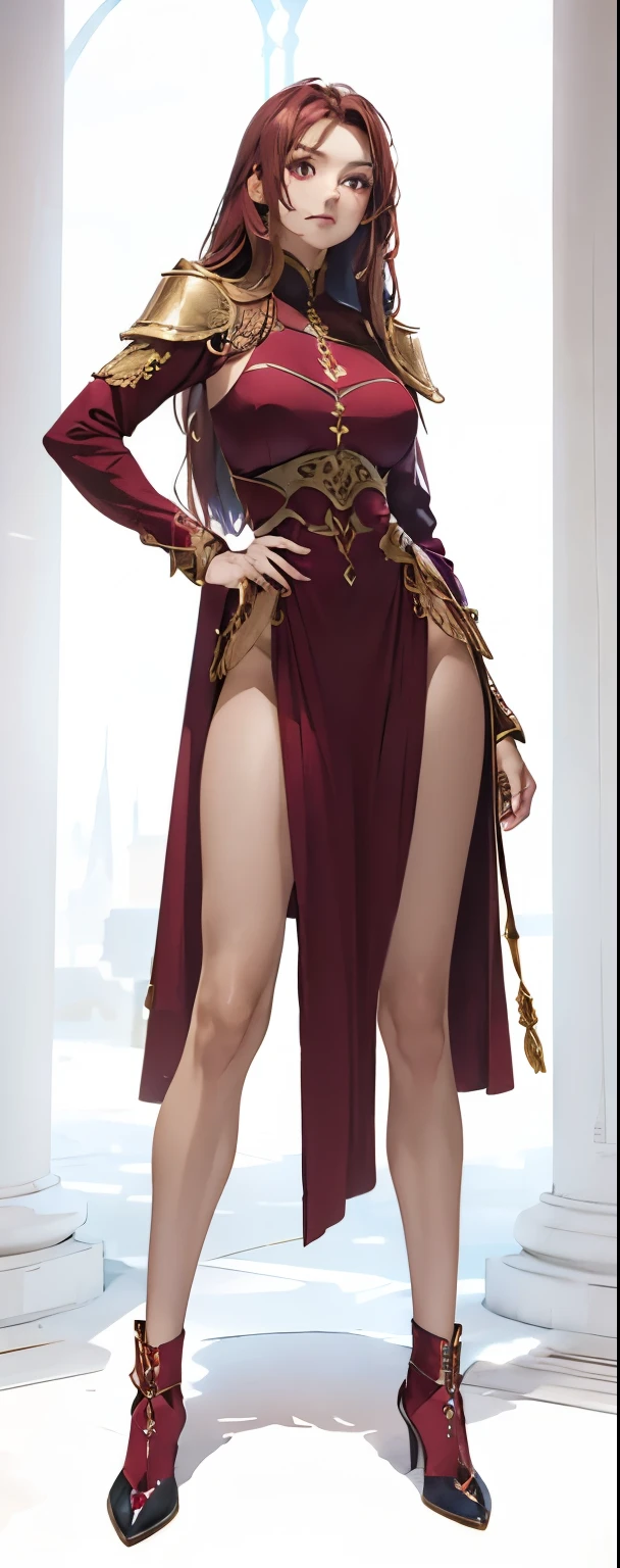 A gorgeous and stunning female warrior/hero. Beautiful and innocent looking, tall, statuesque, imposing, towering, maroon outfit, slim, slender, toned body,  perfect eyes, perfect lips, long fingers,  supermodel. Toned fit legs slightly muscular. Combat armor shoes
