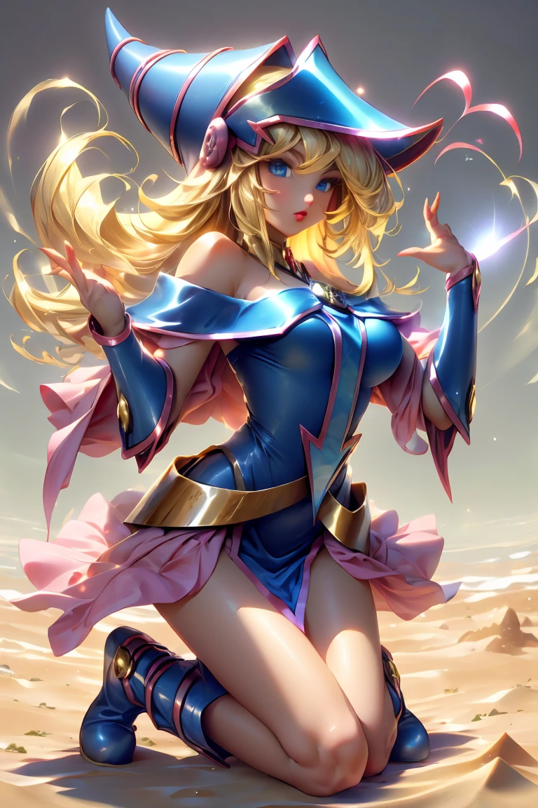 Dark magician gils dressed as the sand goddess from Saint Seiya. Vestido white, tight, white. blond hair. blue eyes. Red lips. Whole body. Athena background. Sensual and innocent pose. Magic circle around you. Magic of the heart in the air.