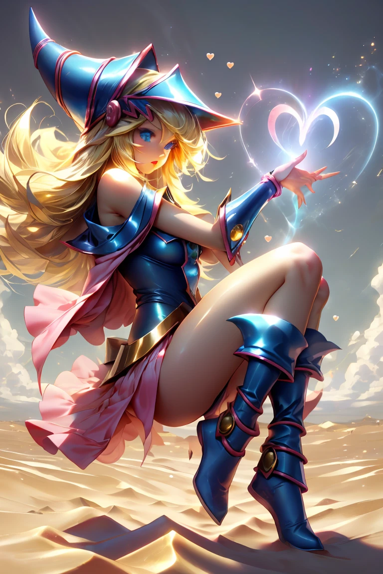 Dark magician gils dressed as the sand goddess from Saint Seiya. Vestido white, tight, white. blond hair. blue eyes. Red lips. Whole body. Athena background. Sensual and innocent pose. Magic circle around you. Magic of the heart in the air.