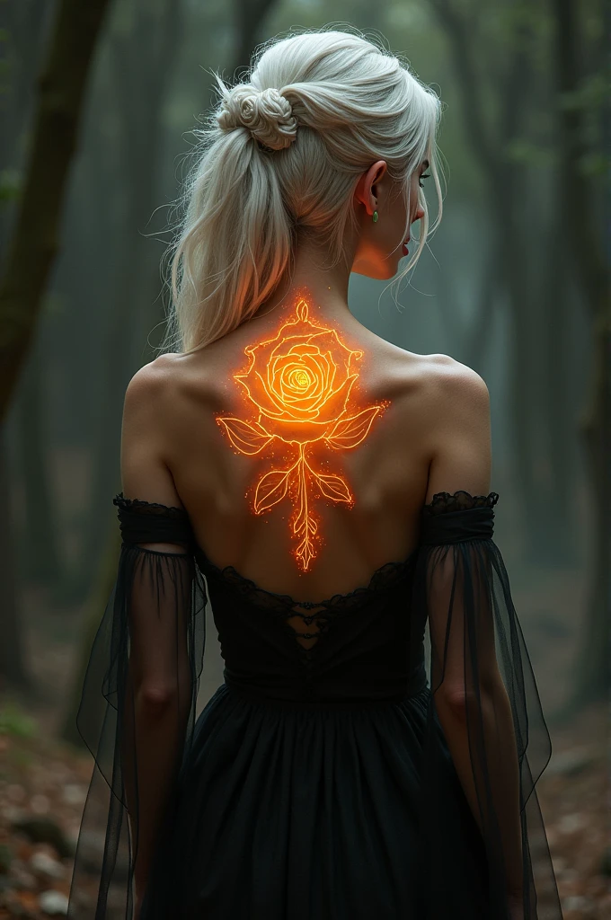 Arafed, Dark fantasy art, fantasy art, goth art, a picture of a tattoo on the back of a female elf, a glowing tattoo of a ((white rose: 1.3)) on the elf's back, the ((rose tattoo)) is vivid, intricate detailed coming to life from the ink to real life, ((fire surrounds the rose petals: 1.5)), shoot taken from the back, ((the back is visible: 1.3), she wears a transparent black dress, the dress is elegant, flowing, elven style, that the tattoos glow, dynamic hair color, dynamic hair style, faize,, Digital Painting