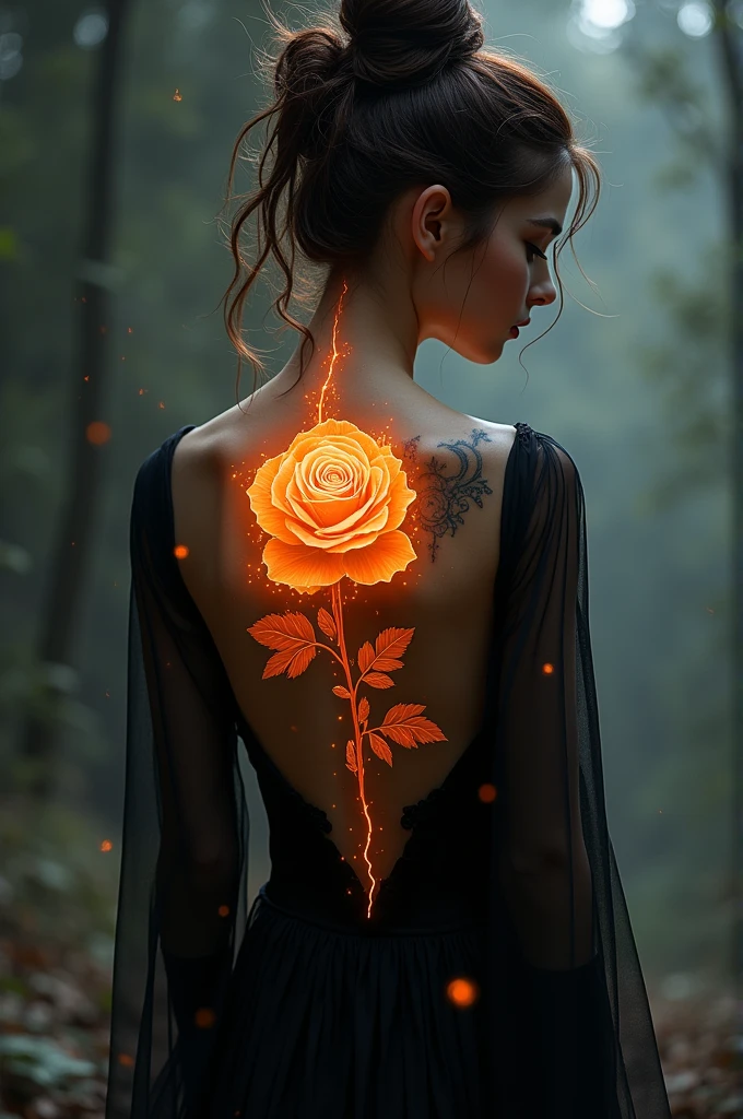 Arafed, Dark fantasy art, fantasy art, goth art, a picture of a tattoo on the back of a female elf, a glowing tattoo of a ((white rose: 1.3)) on the elf's back, the ((rose tattoo)) is vivid, intricate detailed coming to life from the ink to real life, ((fire surrounds the rose petals: 1.5)), shoot taken from the back, ((the back is visible: 1.3), she wears a transparent black dress, the dress is elegant, flowing, elven style, that the tattoos glow, dynamic hair color, dynamic hair style, faize,, Digital Painting