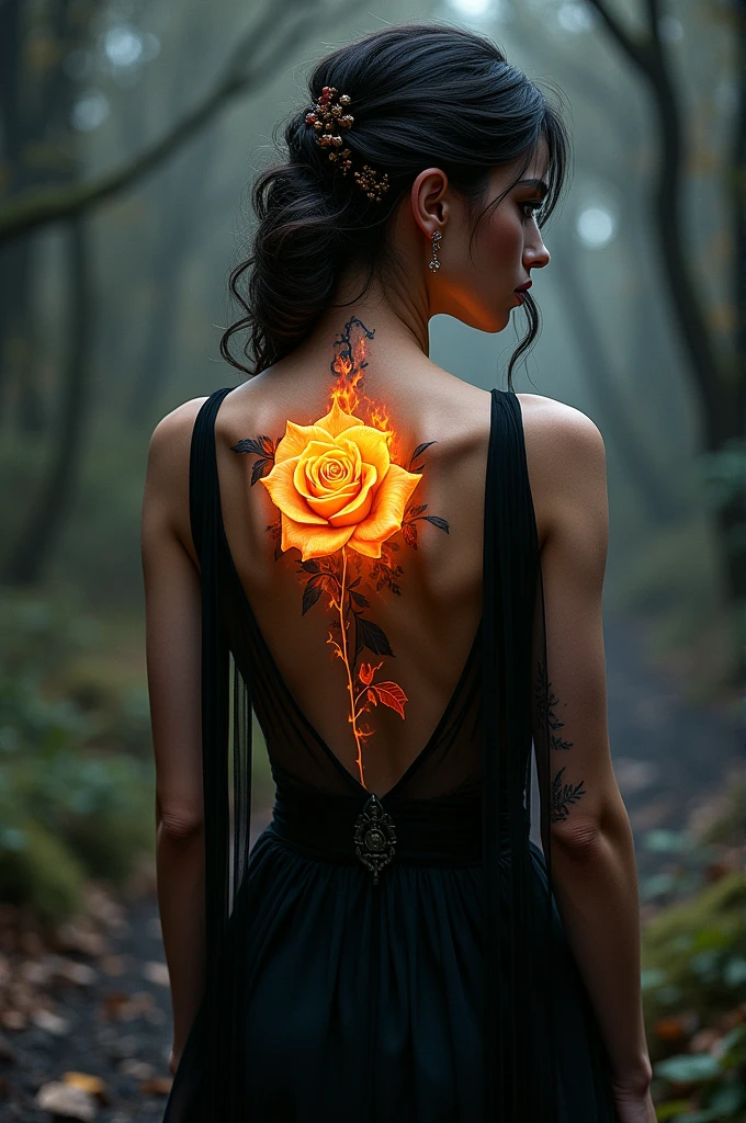 Arafed, Dark fantasy art, fantasy art, goth art, a picture of a tattoo on the back of a female elf, a glowing tattoo of a ((white rose: 1.3)) on the elf's back, the ((rose tattoo)) is vivid, intricate detailed coming to life from the ink to real life, ((fire surrounds the rose petals: 1.5)), shoot taken from the back, ((the back is visible: 1.3), she wears a transparent black dress, the dress is elegant, flowing, elven style, that the tattoos glow, dynamic hair color, dynamic hair style, faize,, Digital Painting