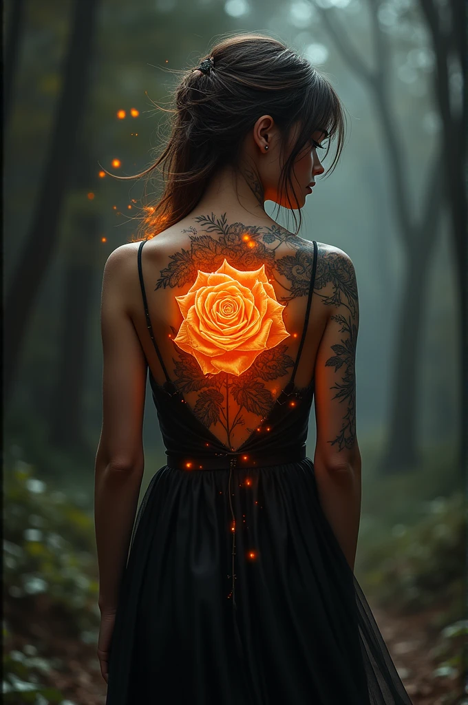 Arafed, Dark fantasy art, fantasy art, goth art, a picture of a tattoo on the back of a female elf, a glowing tattoo of a ((white rose: 1.3)) on the elf's back, the ((rose tattoo)) is vivid, intricate detailed coming to life from the ink to real life, ((fire surrounds the rose petals: 1.5)), shoot taken from the back, ((the back is visible: 1.3), she wears a transparent black dress, the dress is elegant, flowing, elven style, that the tattoos glow, dynamic hair color, dynamic hair style, faize,, Digital Painting