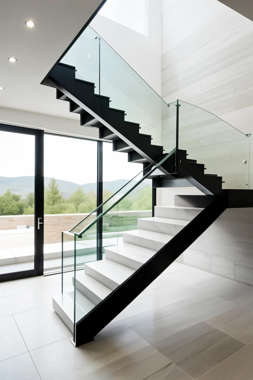 "U" cantilever staircase with a central steel support and thin steel plate hellas finished with modern thin white granite quarry with glass