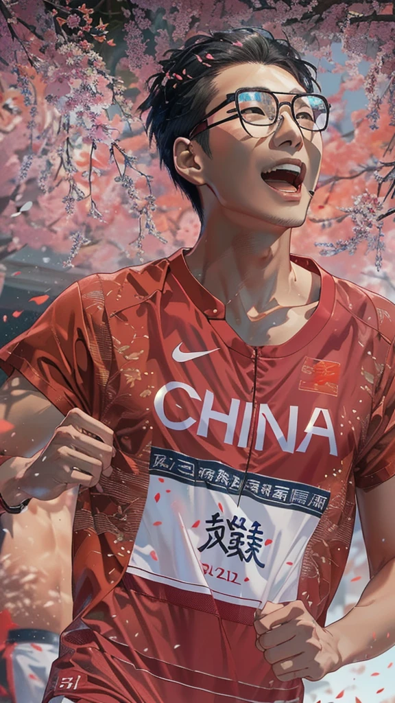 Asian man in red sports short-sleeved shirt and glasses running in Alafud, cai xukun, Inspired by Zou Yigui, Xue Han, Inspired by Ma Yuanyu, lu ji, su fu, wu liu, Yang Qi, sha xi, yuxiang chen, xiaoguang sun, li zixin, xision wu, Inspired by Zhang Shumin