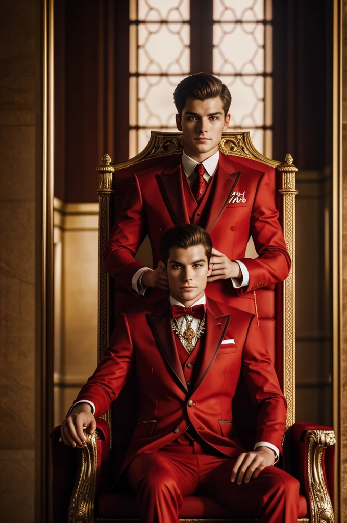 Young Man at his finest red suit, with beautiful design, sitting at a throne, and has a serious glare, fixed light composition, with beautiful details