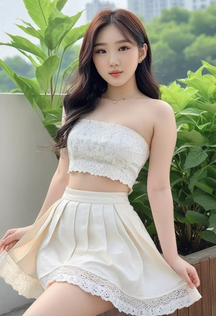 ((Best resolution)), ((high quality:1.2)), work of art, 8k, extremely detailed, ((natural colors, natural soft light, organic details)), ((High detail:1.2)), Solo, ((Korean Ulzzang female with 24 years)), ((cropped strapless, pencil skirt)),