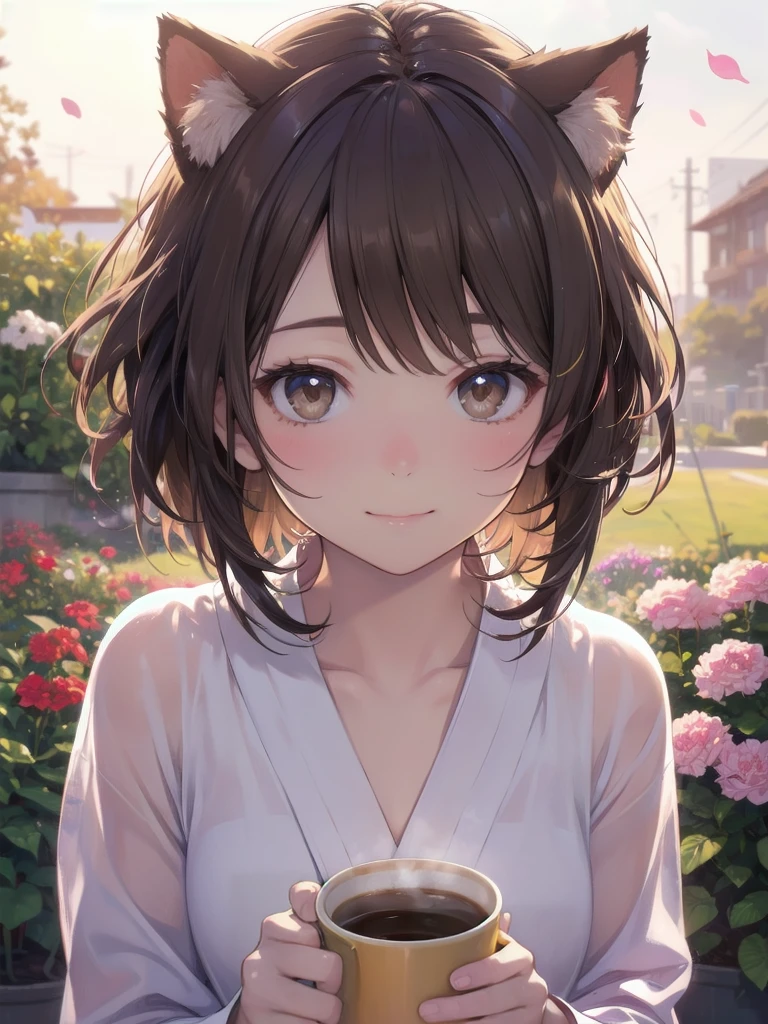 detailed、(Real、Photorealistic、Photorealistic:1.37)、oil、Portraiture、colorful、pastel colour、Soft lighting、garden、、Captivating smile、Pure and innocent、Golden Hour、Slightly blurred background、Bright colors、Happy expression、Brown Hair、Bob Hair、Natural lighting、Floating Petals、Dreamy atmosphere、Delicate features、Fluffy cat ears、Drinking coffee、Shy laugh、yukata
