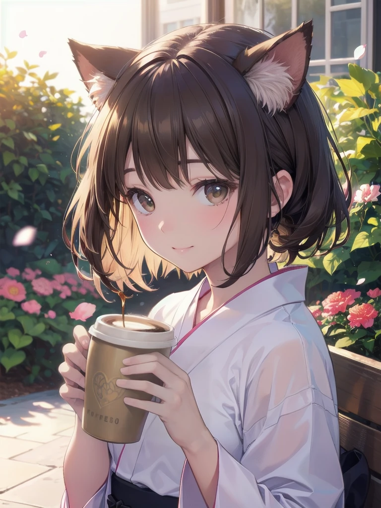 detailed、(Real、Photorealistic、Photorealistic:1.37)、oil、Portraiture、colorful、pastel colour、Soft lighting、garden、、Captivating smile、Pure and innocent、Golden Hour、Slightly blurred background、Bright colors、Happy expression、Brown Hair、Bob Hair、Natural lighting、Floating Petals、Dreamy atmosphere、Delicate features、Fluffy cat ears、Drinking coffee、Shy laugh、yukata