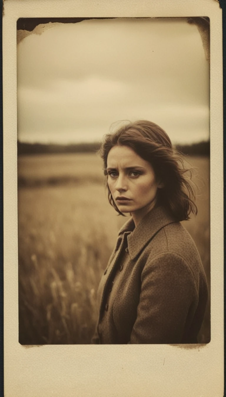 (Emotional Storytelling:1.4), real drama on Polaroid, emotional depth in vintage tones, tense moments captured, raw vulnerability in an old movie, human resilience in sepia