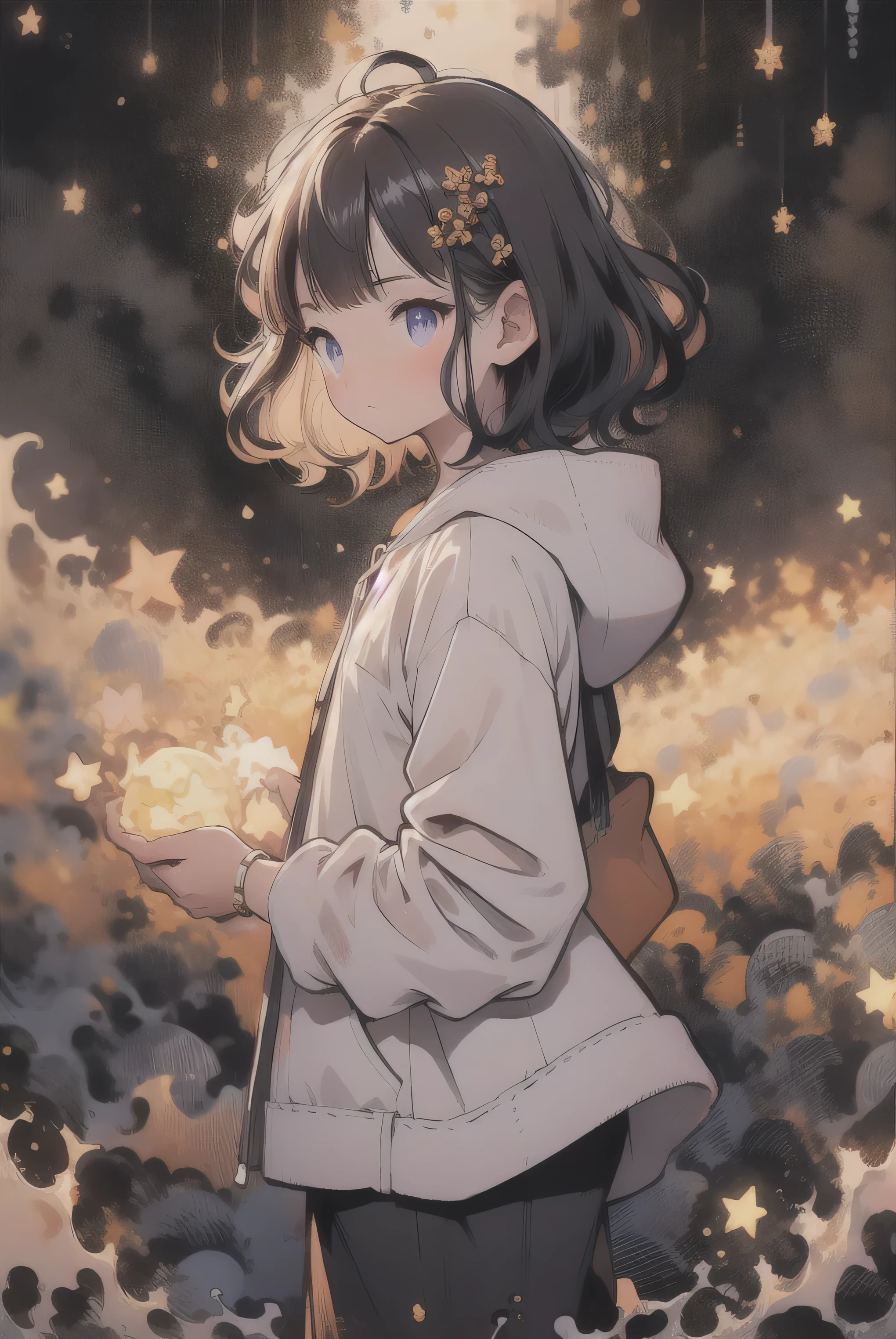 hokusaitest, hokusai, short hair, bangs, hair ornament, (purple eyes:1.1), purple hair, flower, hair flower, hair bun, single hair bun,
BREAK long sleeves, jacket, pants, hood, official alternate costume, hoodie, black pants, hood down, casual, hooded jacket, white hoodie,
BREAK outdoors, city,
BREAK looking at viewer, BREAK (masterpiece:1.2), best quality, high resolution, unity 8k wallpaper, (illustration:0.8), (beautiful detailed eyes:1.6), extremely detailed face, perfect lighting, extremely detailed CG, (perfect hands, perfect anatomy), additional lighting