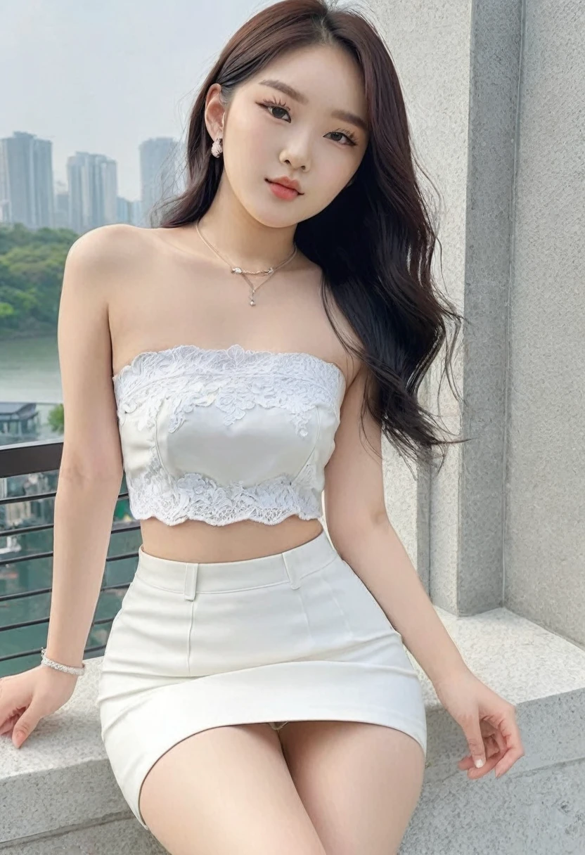 ((Best resolution)), ((high quality:1.2)), work of art, 8k, extremely detailed, ((High detail:1.2)), Solo, ((Korean Ulzzang female with 24 years)), ((cropped strapless, pencil skirt)), 