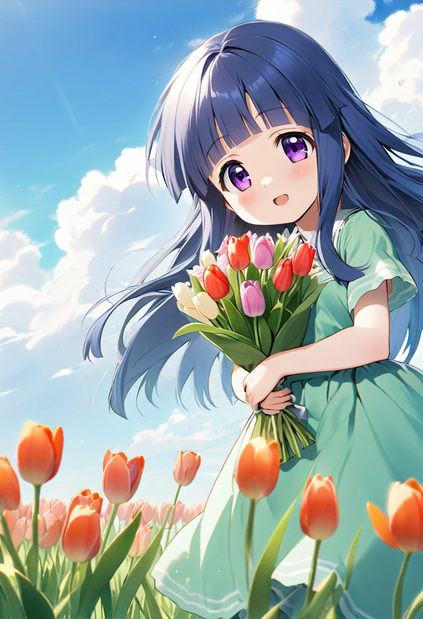 (Rika Furude), bouquet, (Tulips), background, blue sky, White cloud, Green grassland, girl, alone, Blue Hair, Purple eyes, Long Hair, blunt bangs, bangs, 11 years old, green dress,