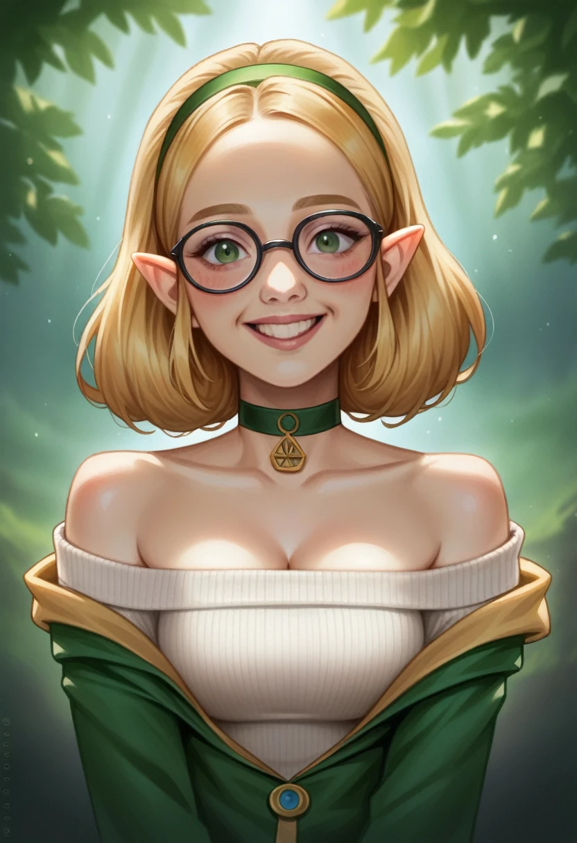 masterpiece, best quality, highly detailed, 1girl, solo, twintails, off-shoulder sweater, choker, large glasses, gold locket, jacket, hairband, looking at viewer, smile, blush, Wide Smile, Eyes Detailed & Wide, sexy Pose. Ultra HD, Rococo-Inspired Fantasy Art With Intricate Details. Cute, Charming Expression, Alluring-Gaze, looking at viewer Beautiful Eyes, An-Ideal-Figure. Large Youthful Well-Shaped-Breasts, Massive-Round-Bosom, Décolletage. slim waist, fit body, full lipsWarm lights , woman in a dreamy forest at night, with fluffy hair, delicate face, realistic, real, slim, large aperture, sexy shots, attractive poses,Stunnin gly beautiful merge of Scarlett Johanson. Alison Brie, Selena Gomez. symmetrical face, photorealistic, photography, path tracing, specular lighting, volumetric face light, path traced hairmaximum quality{(masutepiece) (8K High Resolution) (top-quality) In the style of breath of the wild.
