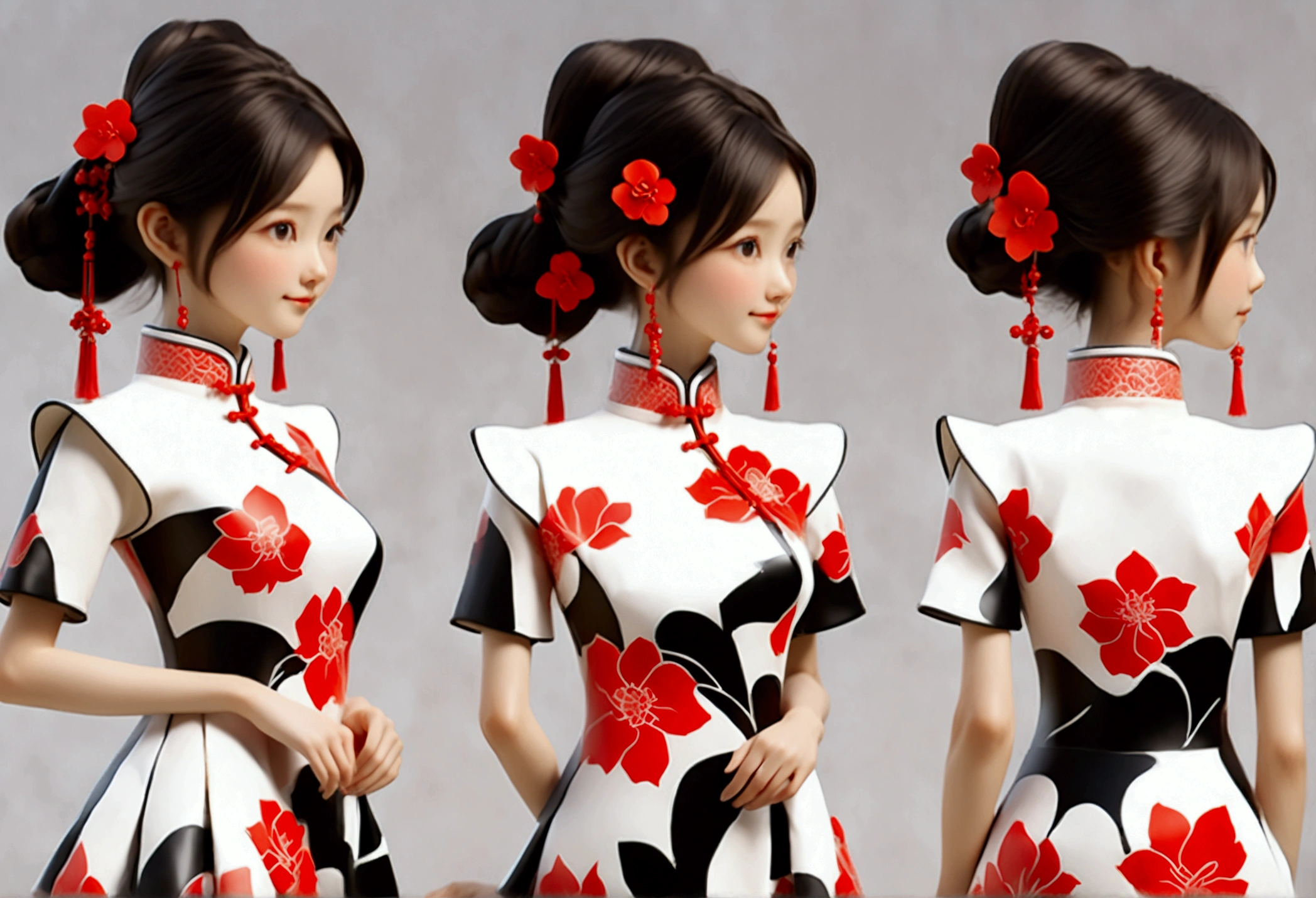 (((Showing the front view of the same 3D character IP figurine design、Side View、Rear view:1.ung fashionable girl，Wearing a fashionable ink-dyed cheongsam，Ink black and white mixed color Atles silk cheongsam，Uyghur totem cheongsam，Red bougainvillea pattern，Cheongsam style combining ethnicity and fashion，Chinese retro pattern，Cute floral pattern，airplane sleeves，Wide sleeves，Balloon sleeves，Pipa sleeves，Create 3D national trend characters，Delicate bougainvillea pattern，Multi-ethnic cultural integration，Three-dimensional Chinese style，Chinese style 3D character IP figure design，Perfectly proportioned oval face，Film-level ultra-high quality texture，Global Illumination，（Full body styling），((The same 3D character IP figure design with the same clothing and accessories from multiple perspectives，Front view of the same 3D character IP figurine design，同一个3D人物IP手办设计的Side View，同一个3D人物IP手办设计的Rear view))，
