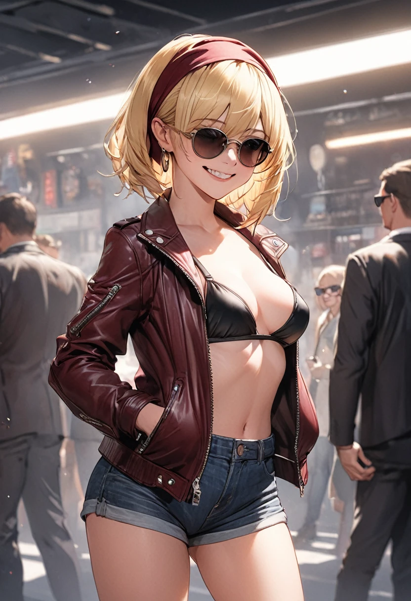 illustration, best quality,  ultra detailed, detailed illustration, 1girl, sexy, short blonde hair, sunglasses, head scarf, medium breasts, black bikini top, short shorts, maroon leather jacket, standing straight, flirty smile