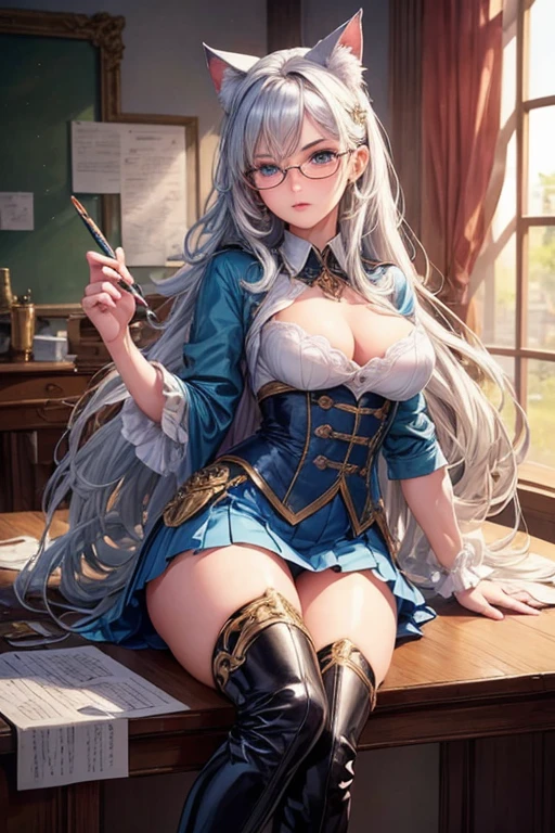 masterpiece, Beautiful art, professional artist, 8k, art style by sciamano240, Very detailed face, Detailed hair, detailed clothing, detailed fabric, 1 girl, perfectly drawn body, beautiful face, broad, light blue fur , highly detailed blue cat eyes, wearing teacher clothes, thigh high boots, tube skirt, Glasses, looking angrily over Glasses, Sensual Lips , pink cheeks, School environment, detailed background, board , show details in the eyes, close up view, looking at the viewer, angry expression, ceñudo, holding the ruler,