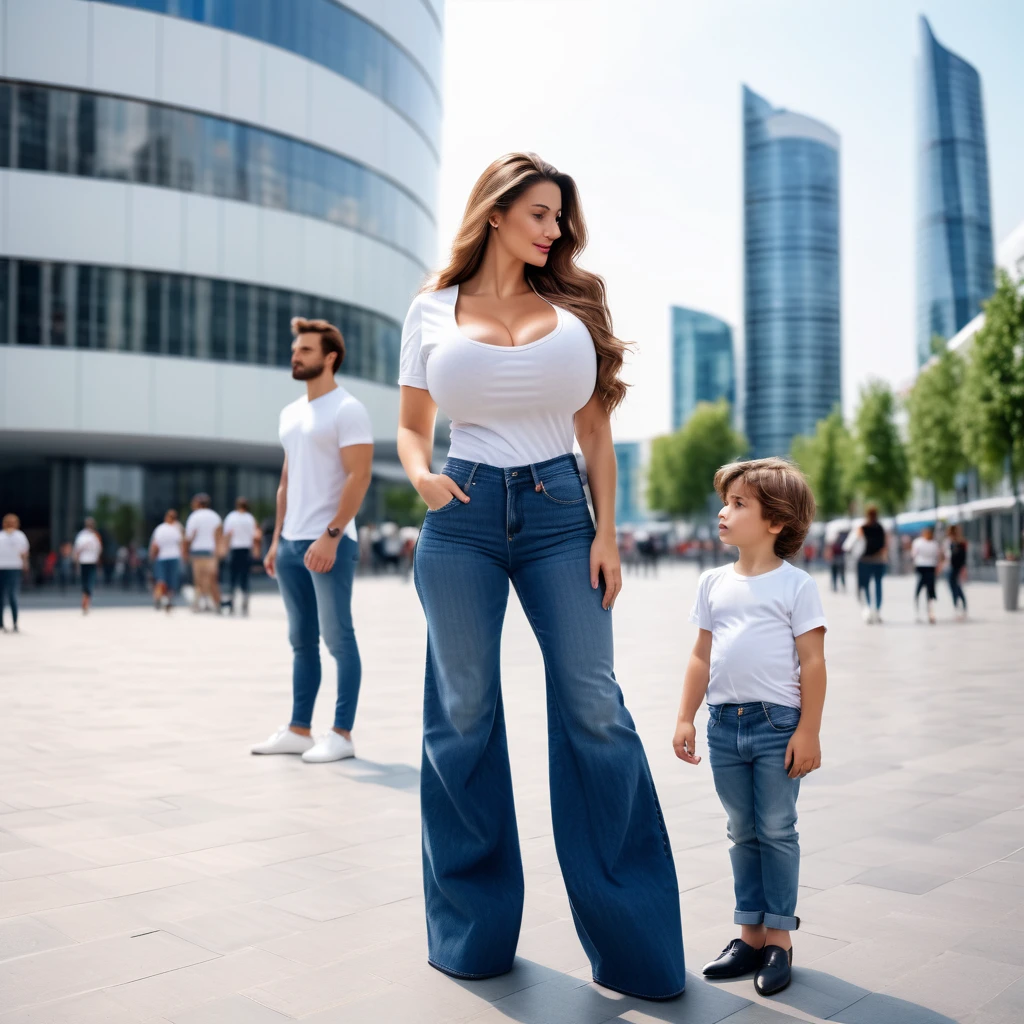 stock photo, extremely high quality, 8k, cinema style, (((whole body in picture))), 28yo attractive elegant lady, Eleonora Pavinat, wide hips, sportive figure, very long hair, cozy, casual, film grain, analog, (gigantic saggy oversized breasts:1.6), white t-shirt, jeans trousers, high heels, (((talking to a little boy))), both persons standing in a modern city, both persons shown from the side