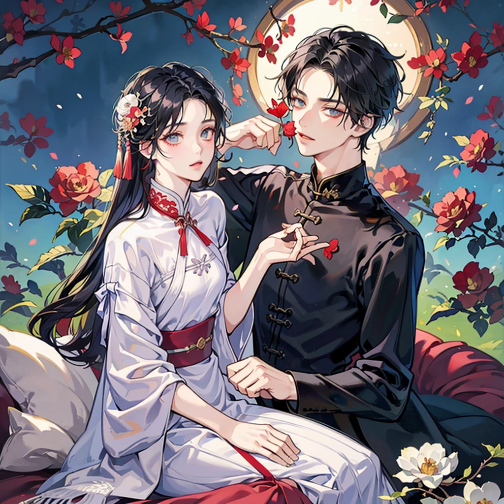Chinese anime style, young man character looking at viewer, serious and delicate expression, androgynous young man, ojos claros masterpiece, long dark hair fluttering decorated with a hairpin, long flowing white robes, short man, small waist, cherry lips, serious and sad expression, beautiful pale skin, masterpiece, perfect details, Man lying on a field full of Higanbana flowers, sad young man, detailed, Youthful appearance, Man holding a red flower with thorns, sunset background, sensual and striking young man, maximum quality, cold expression, White flowers around, hands with wounds, perfect fingers, rabillo de ojo rojizo detailed, young perfect curvy body, bright Eyes, long eyelashes, White flowers around de la cabeza.
