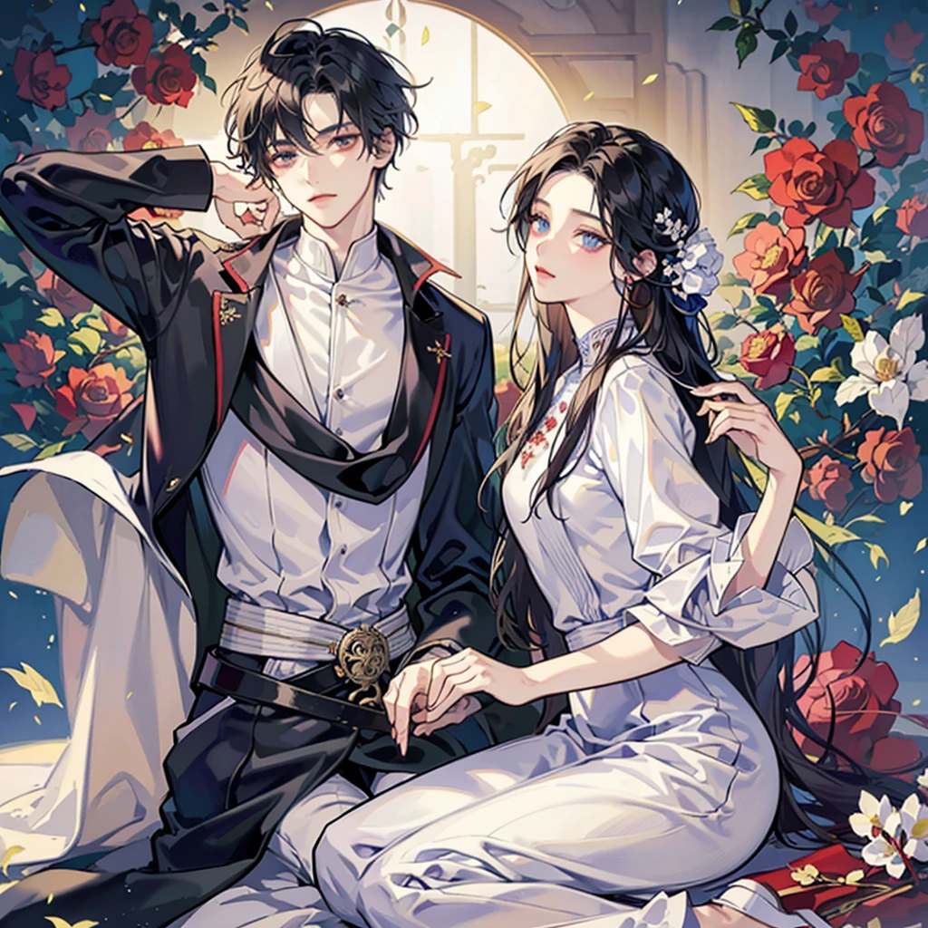Chinese anime style, young man character looking at viewer, serious and delicate expression, androgynous young man, ojos claros masterpiece, long dark hair fluttering decorated with a hairpin, long flowing white robes, short man, small waist, cherry lips, serious and sad expression, beautiful pale skin, masterpiece, perfect details, Man lying on a field full of Higanbana flowers, sad young man, detailed, Youthful appearance, Man holding a red flower with thorns, sunset background, sensual and striking young man, maximum quality, cold expression, White flowers around, hands with wounds, perfect fingers, rabillo de ojo rojizo detailed, young perfect curvy body, bright Eyes, long eyelashes, White flowers around de la cabeza.