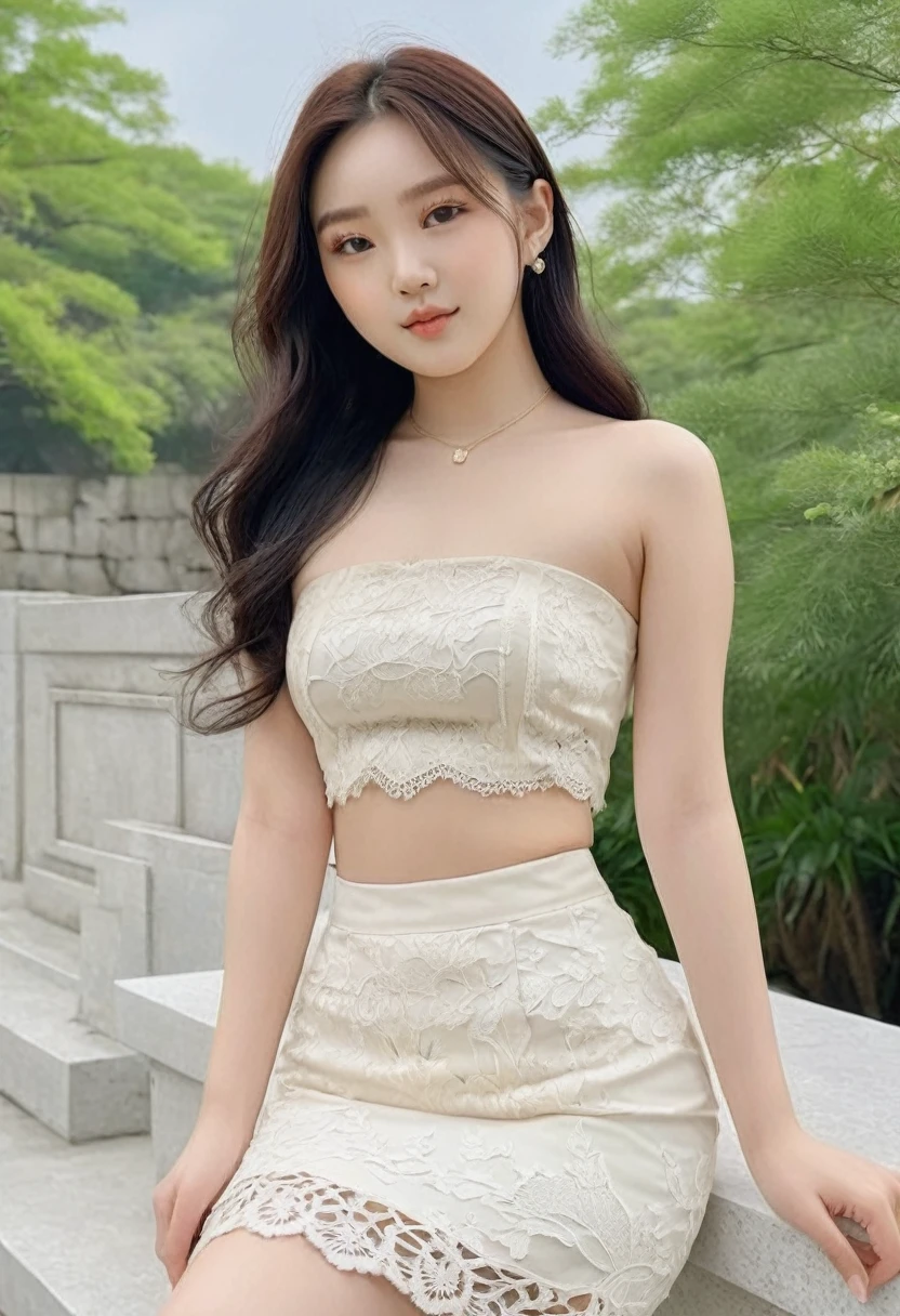 ((Best resolution)), ((high quality:1.2)), depth of field, work of art, 8k, extremely detailed, ((natural HyperRealistic, natural colors, natural soft light, organic details)), ((High detail:1.2)), Solo, ((Korean Ulzzang female with 24 years)), ((cropped strapless, pencil skirt)), 