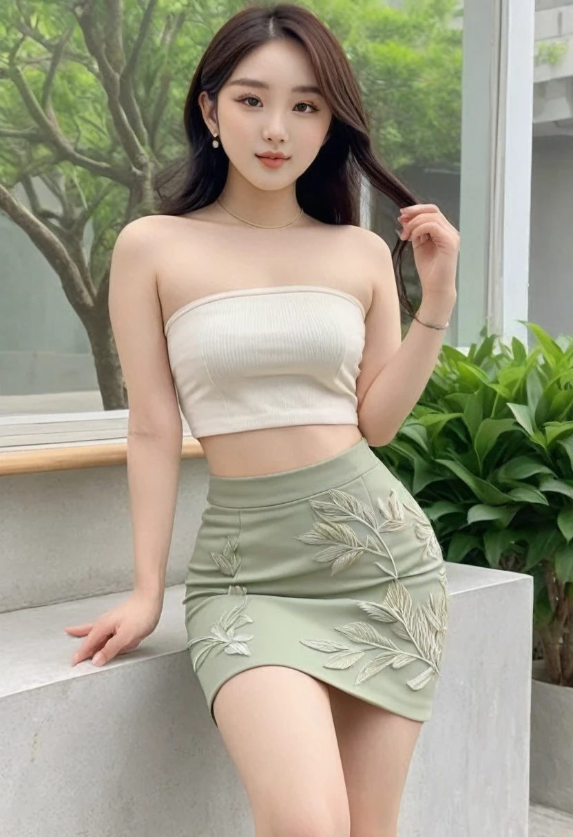 ((Best resolution)), ((high quality:1.2)), depth of field, work of art, 8k, extremely detailed, ((natural HyperRealistic, natural colors, natural soft light, organic details)), ((High detail:1.2)), Solo, ((Korean Ulzzang female with 24 years)), ((cropped strapless, pencil skirt)), 