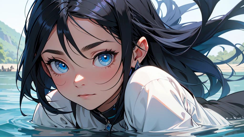 full image head to toe, the lady of the lake, human woman, sharp blue eyes, round face, small slightly upturned nose, shy expression, very long blue-black hair