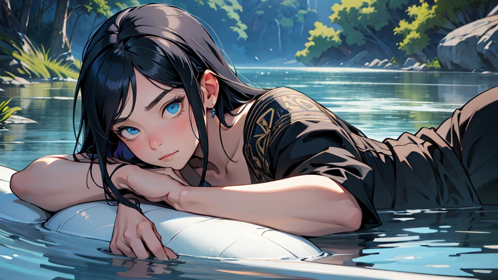 full image head to toe, the lady of the lake, human woman, sharp blue eyes, round face, small slightly upturned nose, shy expression, very long blue-black hair