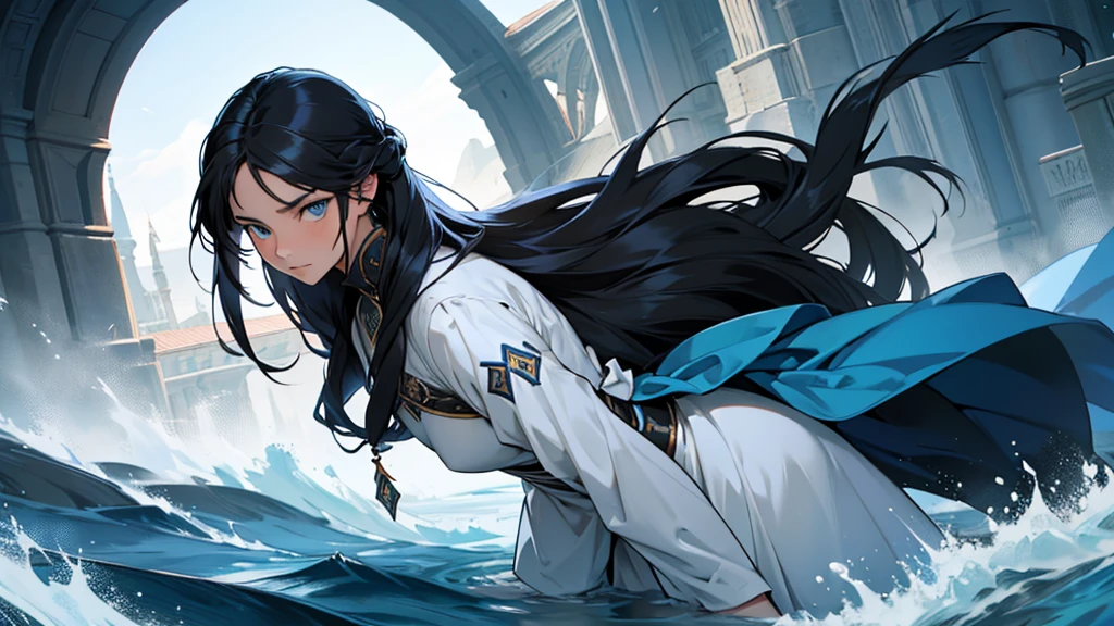 full image head to toe, the lady of the lake, human woman, sharp blue eyes, round face, small slightly upturned nose, shy expression, very long blue-black hair
