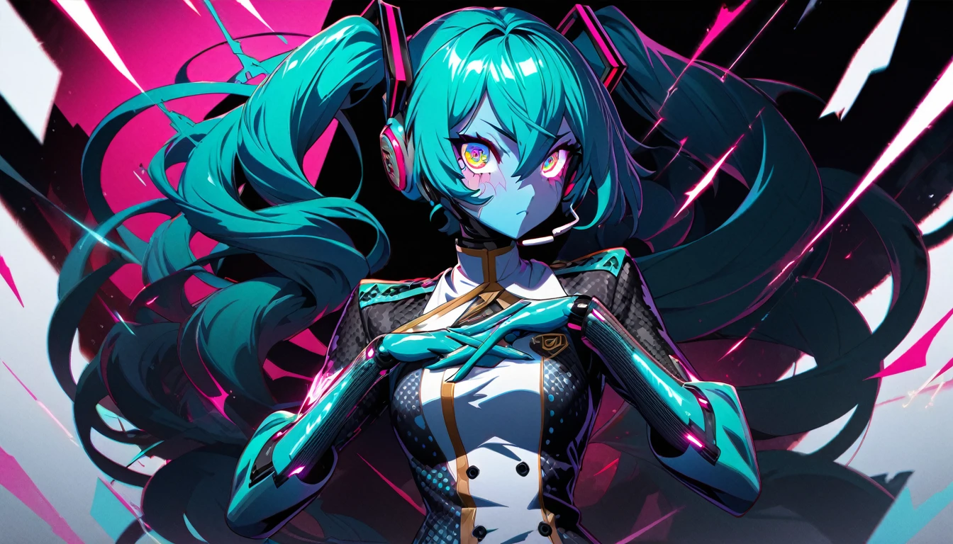 Movie Poster page, (promotional poster), Hatsune Miku, 1female, solo, humanoid android, teal hair, teal eyes, singer's uniform, headset, WeirdOutfit style, concert, Nippon Budokan, glowneon, glowing, sparks, lightning, shadow minimalism, (best quality), (masterpiece), detailed, beautiful detailed eyes, perfect anatomy, perfect body, perfect face, perfect hair, perfect legs, perfect hands, perfect arms, perfect fingers, detailed hair, detailed face, detailed eyes, detailed clothes, detailed skin, ultra-detailed, (full body), (upper body), (top quality), pop art, extremely detailed, extremely detailed CG, (high resolution), highly detailed, (high quality), (perfect quality), (glitchcore colors)