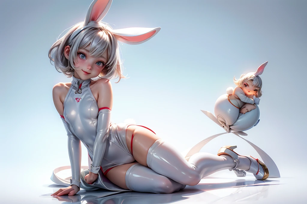 White gradient background，（in a panoramic view：1.2，full bodyesbian：1.2），1个Giant Breast Girl，( girl Full body :1.7) anatomy correct，Rabbit-shaped headdress，short detailed hair，ssmile，Rabbit smooth white tight clothes，(shiny red one-piece clothes :1.2) , strappy sandals ,Beautiful and detailed HEELS , perfectly proportions，extremelydetailedface，（Best quality at best，high detal，tmasterpiece，offcial art，movie light effect，4K）