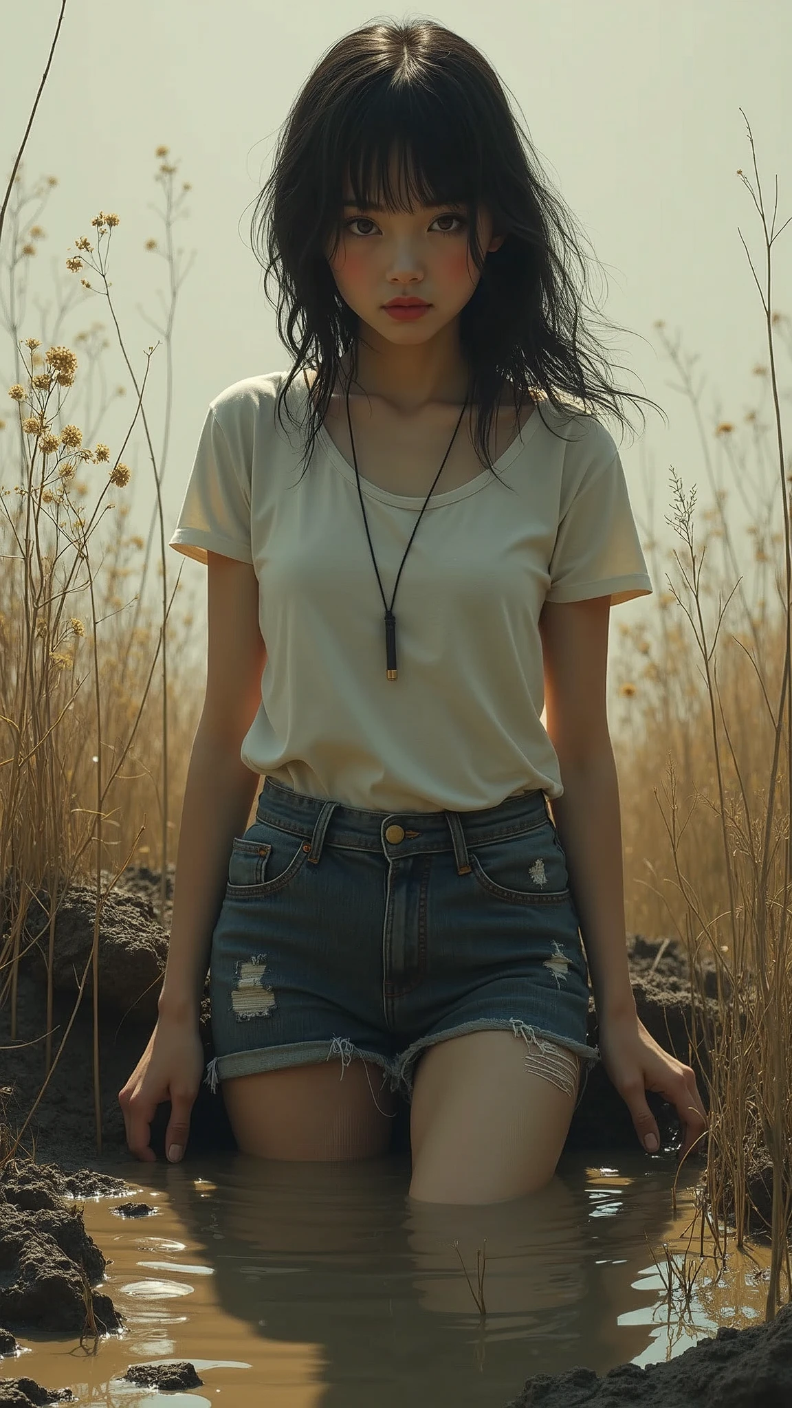 masterpiece, sensation:1.0, attention-grabbing:1.2, void background, -age girl,t-shirt, black nylon stockings, cut-off jeans shorts, mud bog sinking, void background, red lips