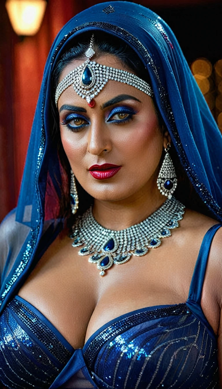 Looks like Mahie Gill, full body Closeup shot, Big chubby aunty, milf, cougar lady witch, fierce eyes, evil seductress, wide body, horny Gothic milf, 80 years old gorgeous mature lady, evil mommy, satan mommy, naughty evil momma , pervert demoness, demoness of lust, curvy, black lips, horny face, extremely gorgeous, thick figure, heavy physique, voluptuous, curvy, sexy figure, Fashionable portrait of androgynous alien looking witch wearing veil, glowing eyes, futuristic design, minimal details, givenchy, photoreal, 200mm, hd, f/ 2.0, highly detailed, surreal, sexy beautiful evil woman, sexy bold sequin Saree with strapless Bra, chudail, Pishachini, horror genre, blood-thirsty enchantress, powerful female spirit, eerie, drop dead, in the style of red and blue, (intricate details, hyperdetailed:1.15) (skin texture:1.2), dark Moody tone, cinematic lighting, haunted place in background, evil seductress, veins in the body, lifelike texture, sensual, (wet, oil-lubricated),(sweaty), 