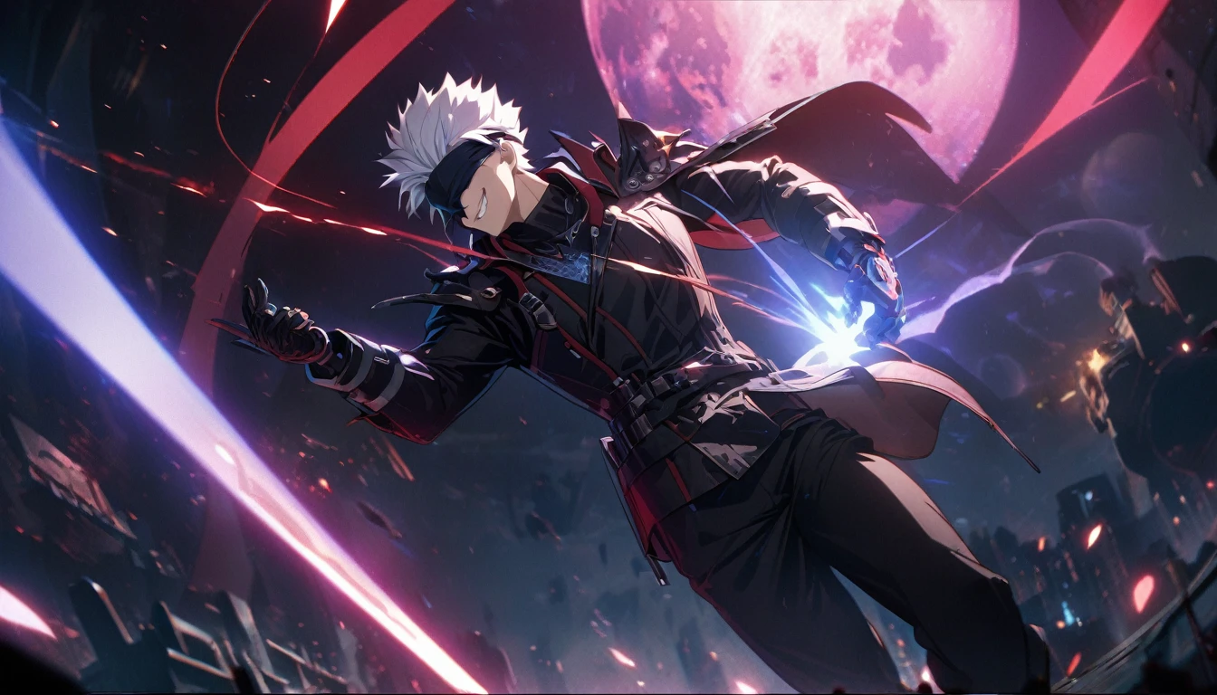 1boy, full body shot, perfect hand and fingers, satoru gojo, blindfold, black outfit, white hair, look at sky, smirk, red and blue moon city night background, wallpaper, cinematic,High resolution 8K, Bright light illumination, lens flare, sharpness, masterpiece, top-quality, The ultra -The high-definition, high resolution, extremely details CG, Anime style, Film Portrait Photography,masterpiece,hyperdetail,light attack, blue and red gives purple, infinity, throw light, energy attack,